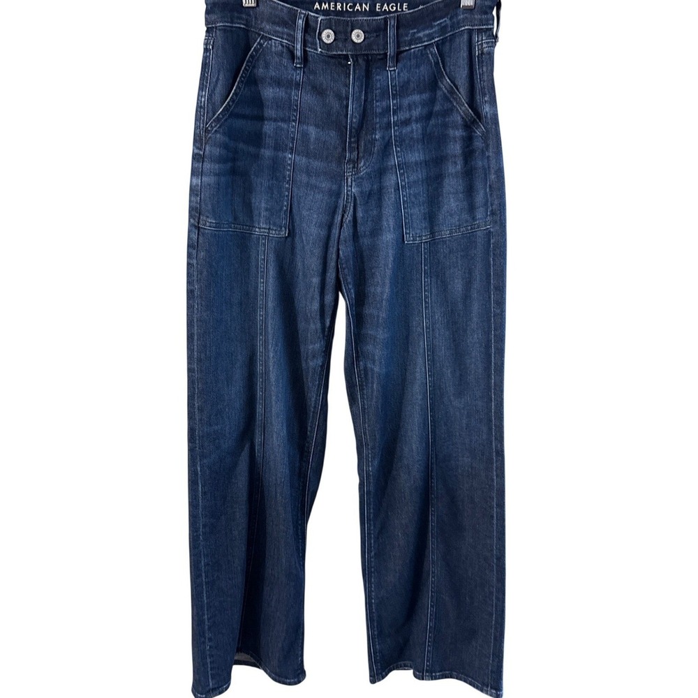 American Eagle Wide Leg Jeans Dark Wash High Rise Seam Front Patch Pocket Size 4